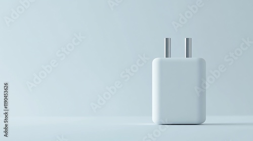 White USB wall charger on light blue background.