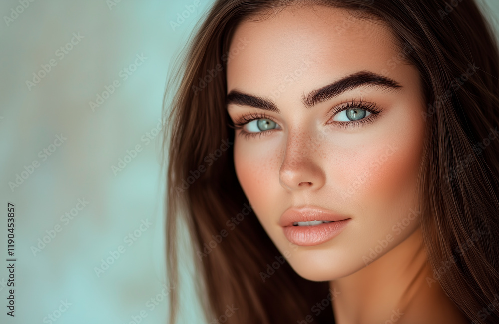 Close-up portrait of a beautiful brunette woman with freckles, blue eyes, and natural makeup against a soft background. Close-up portrait of a beautiful brunette woman with freckles, blue eyes, and natural makeup against a soft background.