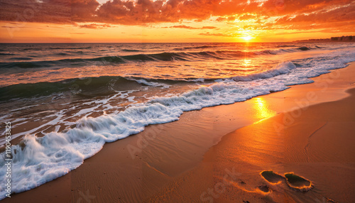 Coucher de soleil sur la plage dorée photo