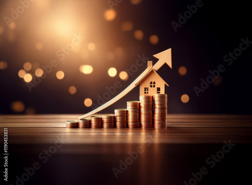 A small house sits atop a rising stack of coins, symbolizing increasing home values and financial growth in the real estate market.  The background is subtly blurred with warm bokeh lights.