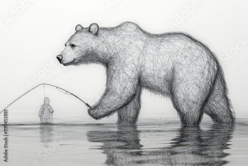 Digital illustration of a grizzly bear fishing in a river with detailed wireframe design photo