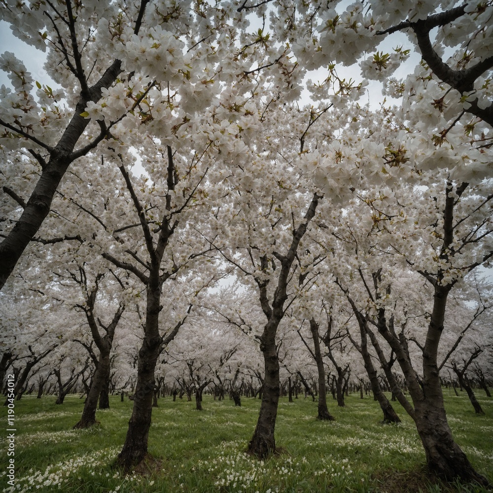 A grove of white cherry blossom trees in full bloom on a cloudy day. A grove of white cherry blossom trees in full bloom on a cloudy day.