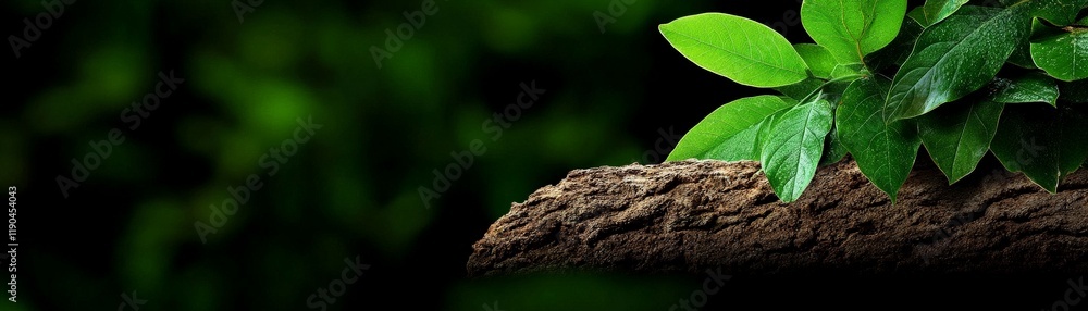 Naklejka premium New Growth: A close-up photograph showcasing a small plant emerging from the rich, dark soil. The vibrant green leaves contrast beautifully against the deep green background.