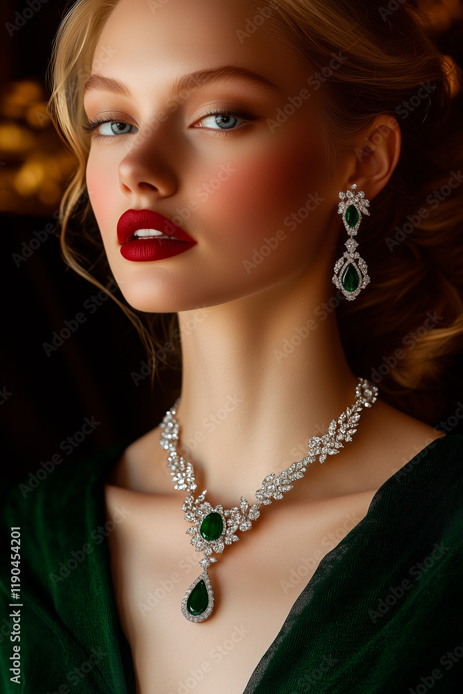 Elegant beautiful blonde woman with ruby necklace and earrings, radiant beauty, luxury jewelry, and soft lighting.