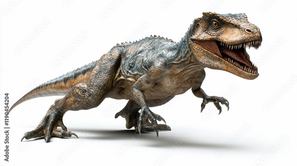 Obraz premium A fearsome, blue and brown theropod dinosaur, rendered in 3D, stands alert on a white background.