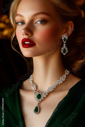 Elegant beautiful blonde woman with ruby necklace and earrings, radiant beauty, luxury jewelry, and soft lighting.