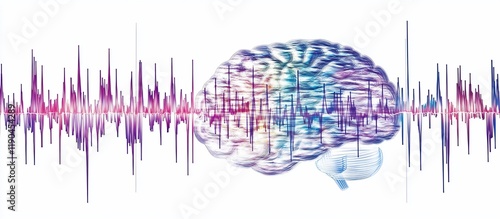 Brainwave activity visualized with an abstract brain and sound wave pattern.