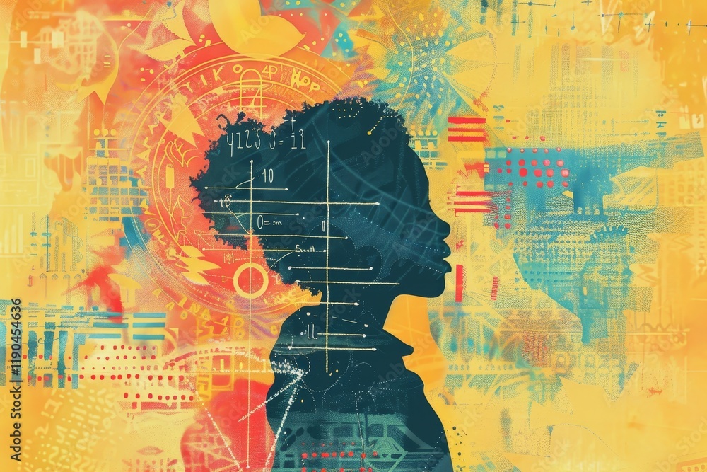 Naklejka premium A Modern Graphic Design Featuring a Teachers Silhouette, A modern graphic design featuring a teacher's silhouette overlaid with uplifting words and symbols