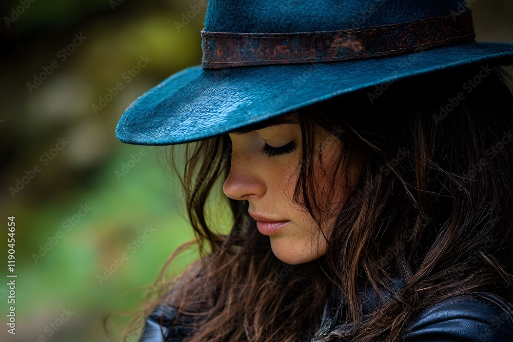 Fototapeta premium Woman in Teal Fedora Hat Profile Portrait