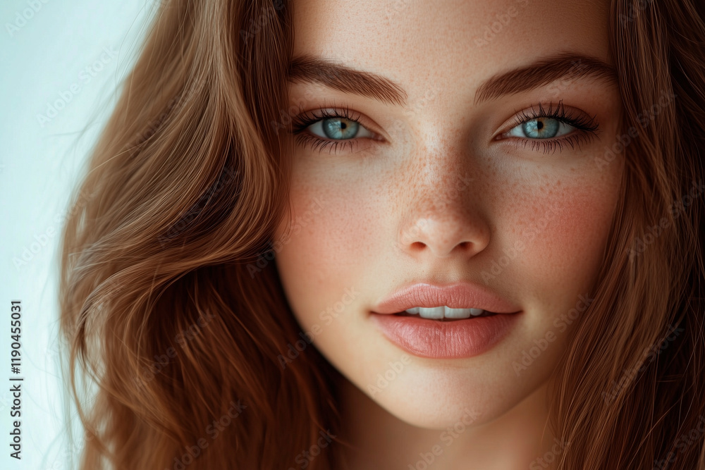 Fototapeta premium Portrait of a young beautiful woman with freckles, glowing skin, blue eyes, and natural makeup against a soft background.