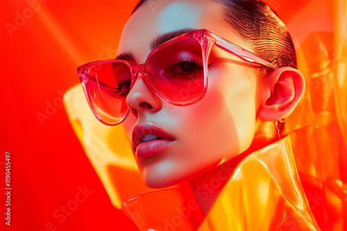 Stylish beautiful woman wearing oversized stylish red sunglasses, fashion and elegance. Fashion portrait.