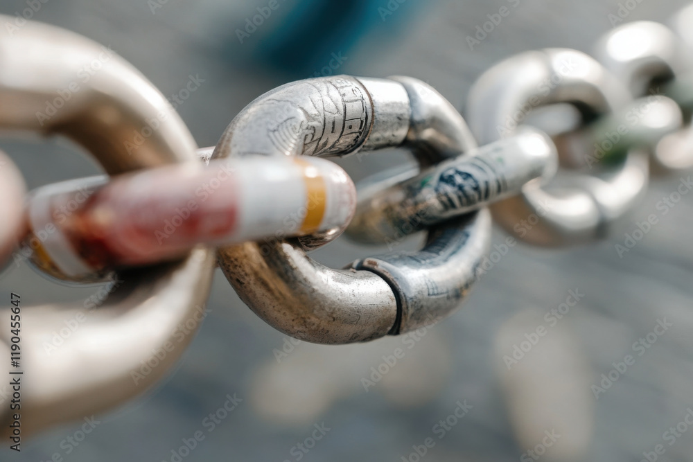 Huge chain linking various currencies in a bustling urban environment Huge chain linking various currencies in a bustling urban environment