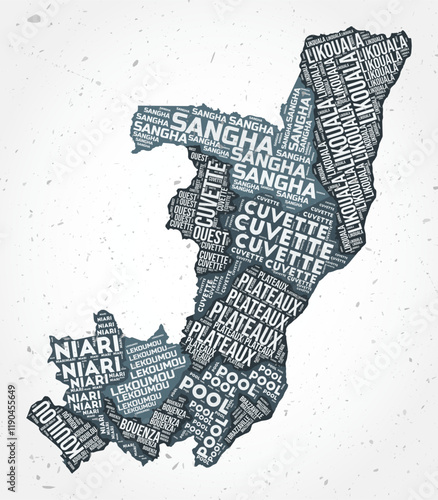 Republic of the Congo regions word clouds. Country shape on textured background. Republic of the Congo design in typographic style. Classy vector illustration.