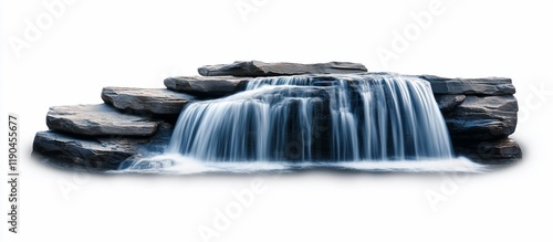 Serene cascading waterfall flowing over layered rocks, isolated on white background.