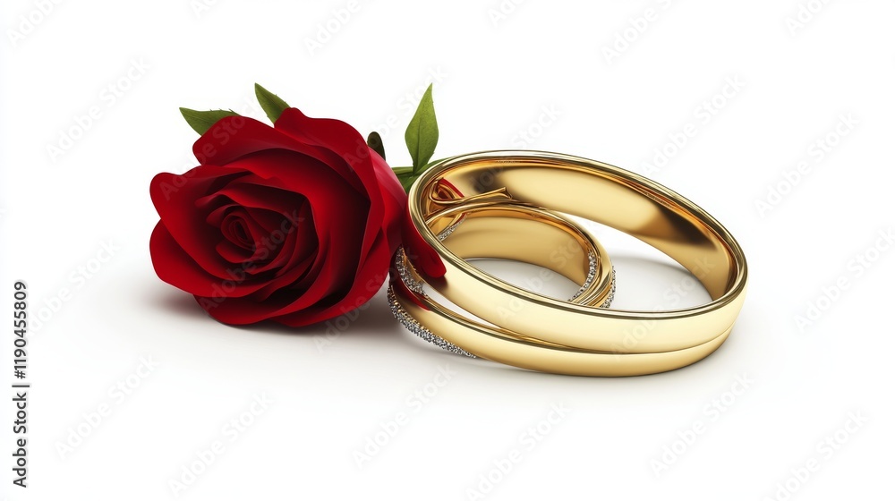 Romantic valentine’s day composition featuring two elegant wedding rings and vibrant red roses isolated on a pristine white background, perfect for love-themed designs, wedding invitations, and romant Romantic valentine’s day composition featuring two elegant wedding rings and vibrant red roses isolated on a pristine white background, perfect for love-themed designs, wedding invitations, and romant
