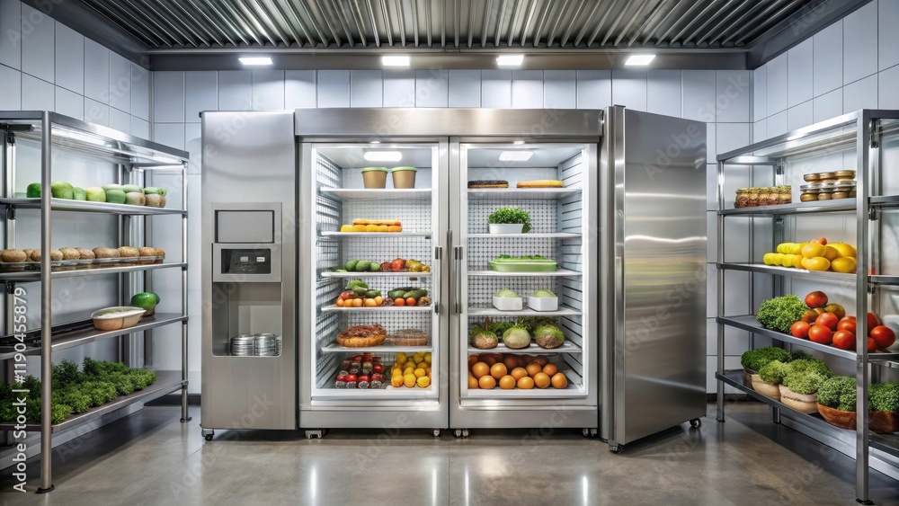 Modern commercial refrigerator with stainless steel exterior and digital display, surrounded by food products and equipment in a cold storage room, stainless steel, food preservation Modern commercial refrigerator with stainless steel exterior and digital display, surrounded by food products and equipment in a cold storage room, stainless steel, food preservation