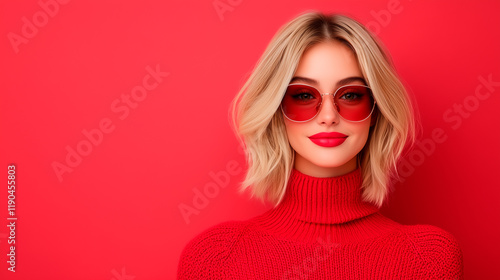 Stylish blonde woman with red sunglasses and sweater, bold makeup, vibrant red background, chic and modern fashion style.