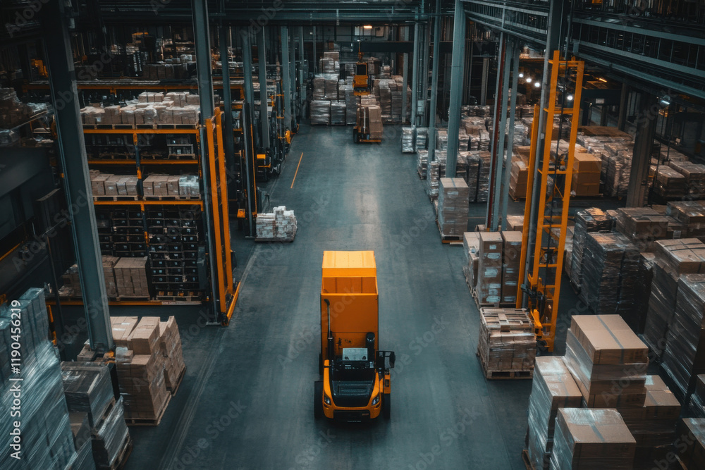 Efficient supply chain operations in a large warehouse with an orange forklift navigating through stored goods Efficient supply chain operations in a large warehouse with an orange forklift navigating through stored goods