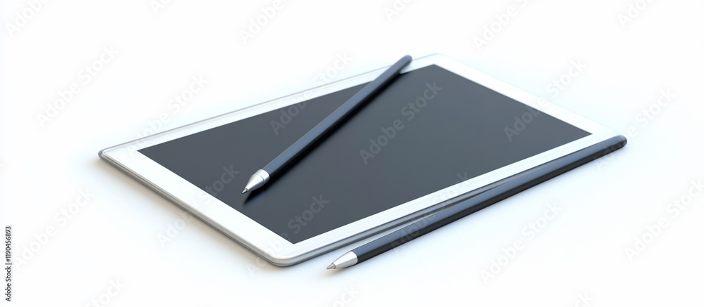 Digital tablet with two styluses on white background. Digital tablet with two styluses on white background.