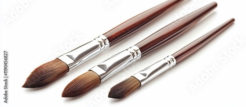 Three paintbrushes with wooden handles and silver ferrules isolated on white background. photo