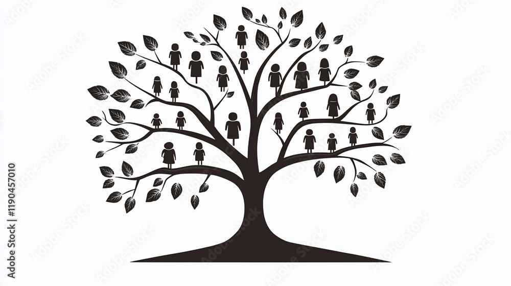 Family tree illustration; black silhouettes of people on branches. Family tree illustration; black silhouettes of people on branches.