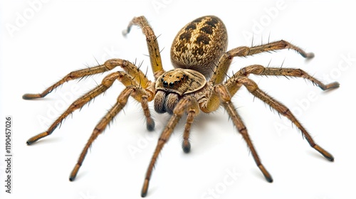 Close-up of a large brown spider with eight legs and hairy body on a white background.