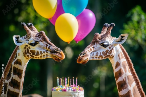 Two cheerful giraffes joyously celebrate their birthday with cake and vibrant balloons in style photo