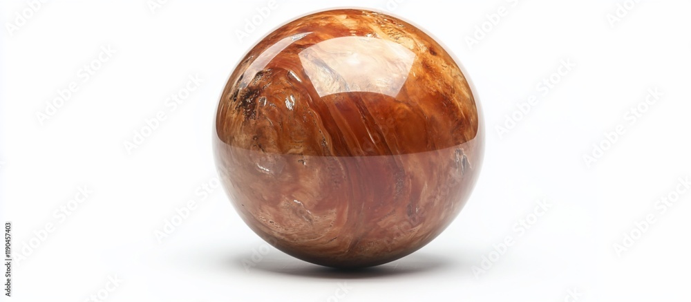 Polished amber sphere with swirling patterns on white background. Polished amber sphere with swirling patterns on white background.
