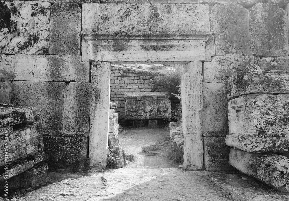 Fototapeta premium Ancient Stone Entrance Inner View Black White Monochrome Photograph