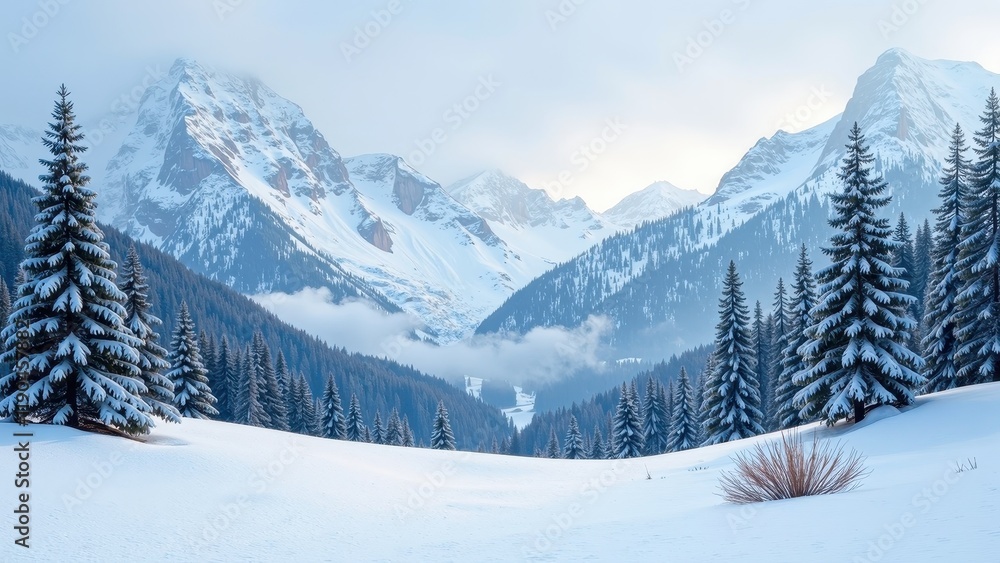 Snow-draped mountains envelop a serene landscape, framed by majestic pines cloaked in white. Sunlight glints off frosty peaks, creating an enchanting winter wonderland Snow-draped mountains envelop a serene landscape, framed by majestic pines cloaked in white. Sunlight glints off frosty peaks, creating an enchanting winter wonderland