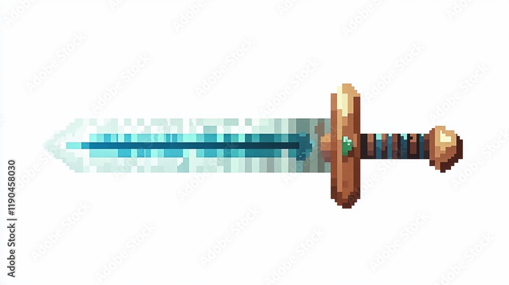 Fototapeta premium Pixel art of a fantasy ice sword with wooden hilt and blue blade.