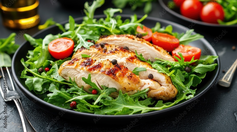Plate of grilled chicken breast served with fresh garden salad and sliced tomatoes on a wooden table Plate of grilled chicken breast served with fresh garden salad and sliced tomatoes on a wooden table