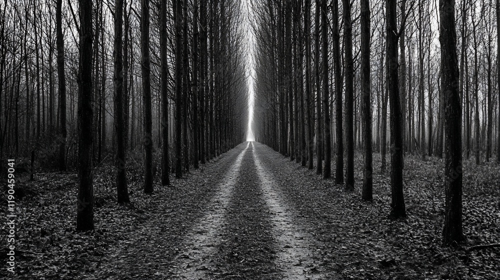 Fototapeta premium Monochrome forest path vanishing point.