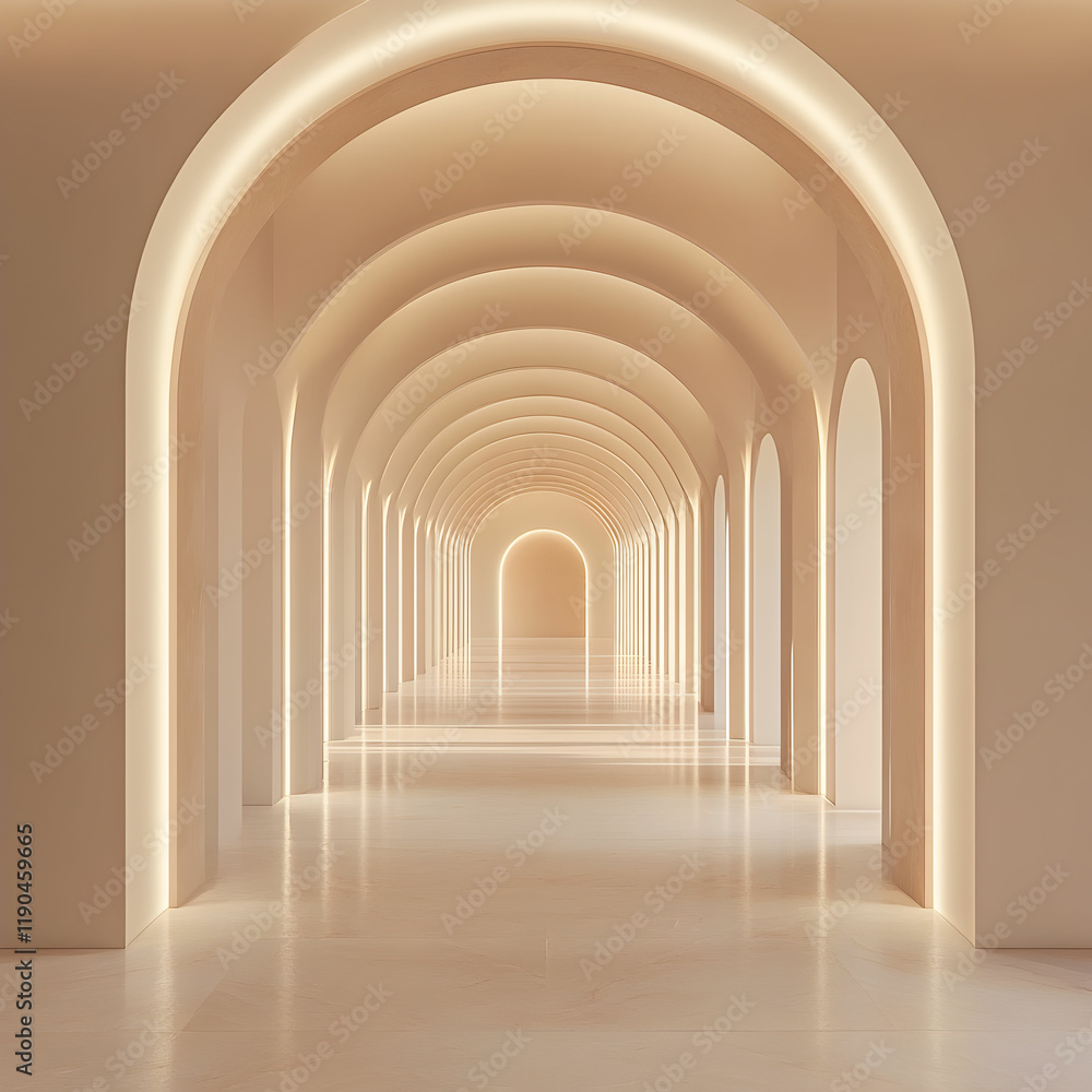 A grand archway leading into a spacious corridor with beige arches, soft lighting illuminating the path, and a clean, minimalist design in a 3D rendering A grand archway leading into a spacious corridor with beige arches, soft lighting illuminating the path, and a clean, minimalist design in a 3D rendering