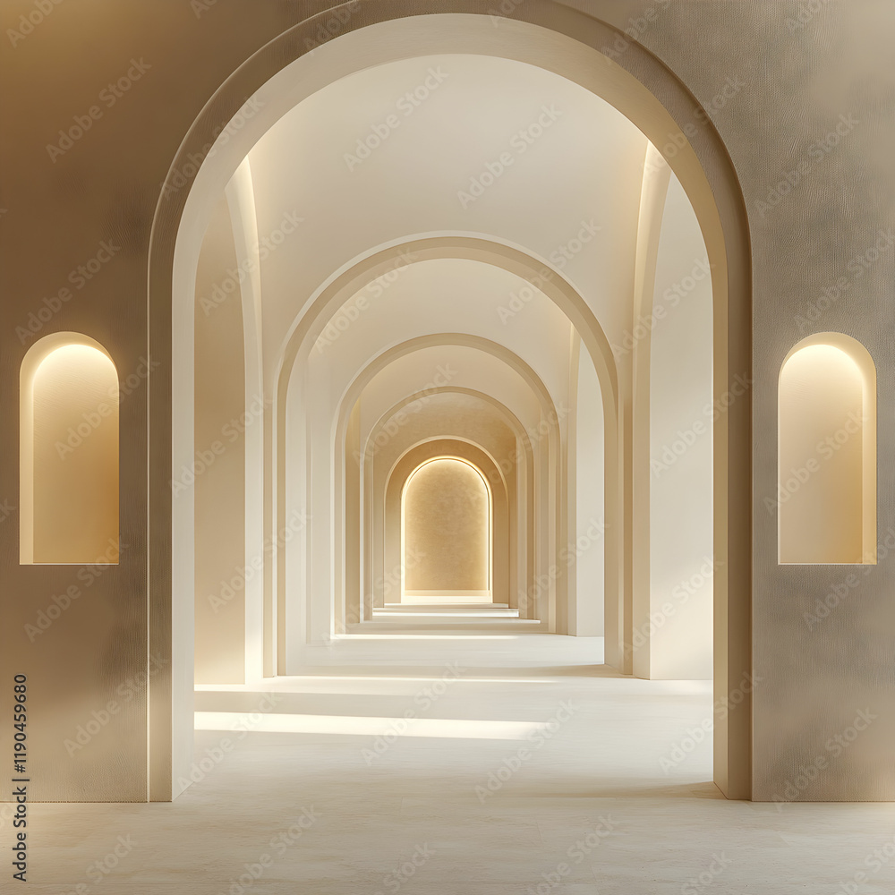 A grand archway leading into a spacious corridor with beige arches, soft lighting illuminating the path, and a clean, minimalist design in a 3D rendering A grand archway leading into a spacious corridor with beige arches, soft lighting illuminating the path, and a clean, minimalist design in a 3D rendering