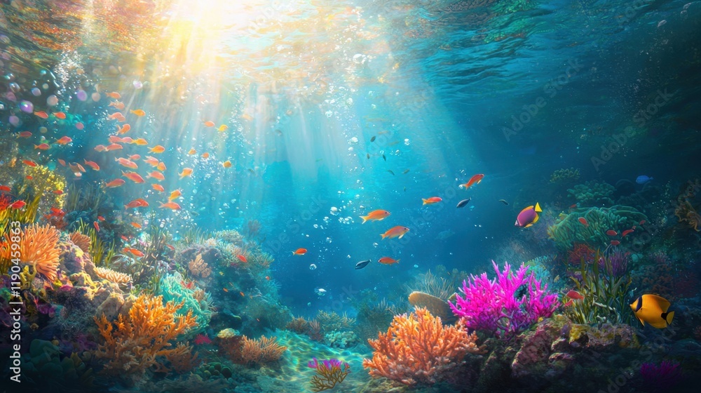 Obraz premium Vibrant underwater coral reef teeming with colorful fish and sunlight beams in clear ocean water