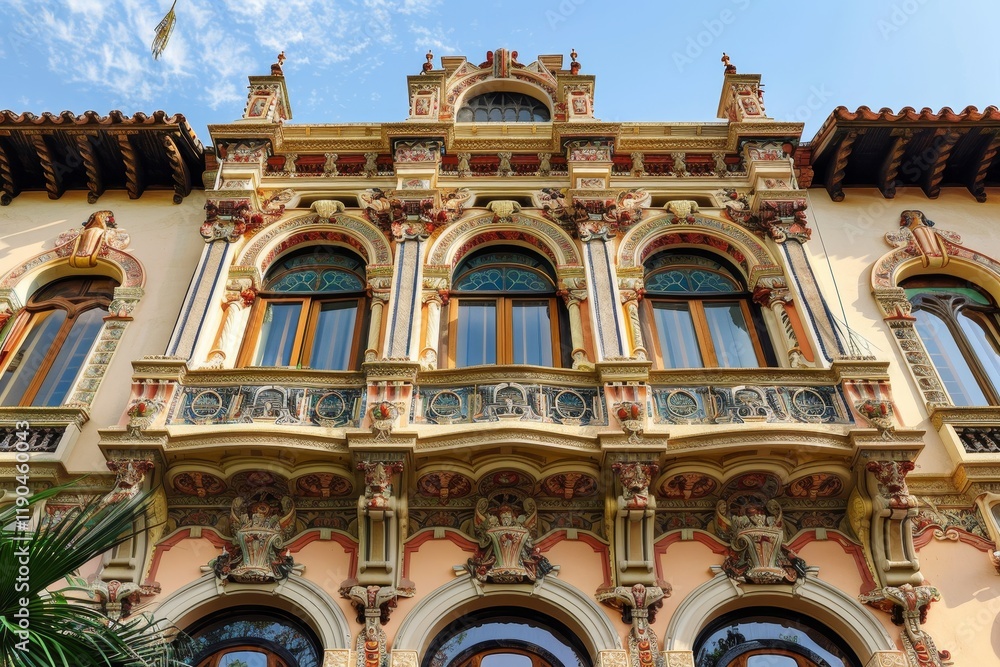 Obraz premium A detailed view of a historic buildings facade with intricate architectural details and ornate windows, A historic building with intricate architectural details
