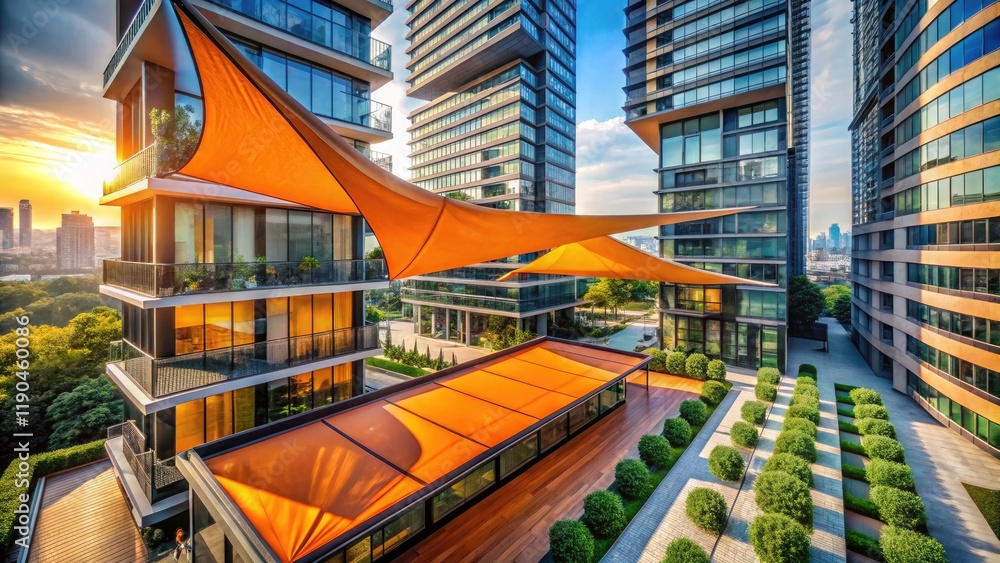 Fototapeta premium Sleek, dark orange triangle canopies offer sun protection to a contemporary skyscraper's urban facade.