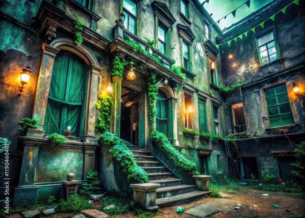Fototapeta premium St. Patrick's Day surprise: elegant holiday decorations grace an abandoned building, captured in stunning urban exploration photography.