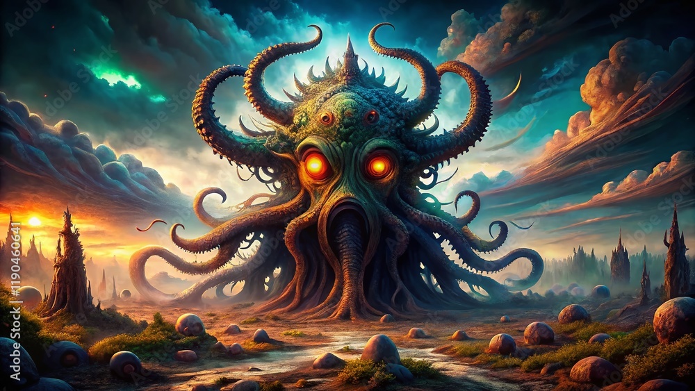 Obraz premium Aerial View of a Tentacled Eldritch Horror with Glowing Eyes in a Desolate Landscape