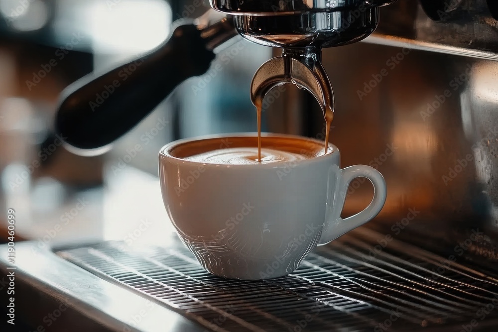 A cu p of freshly brewed coffee being poured from coffee machine A cu p of freshly brewed coffee being poured from coffee machine