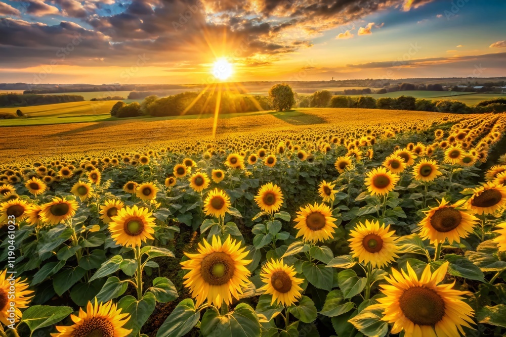 Obraz premium Aerial View of Autumn Sunflower Field, Bright Yellow Blooms, Golden Hour Sunlight