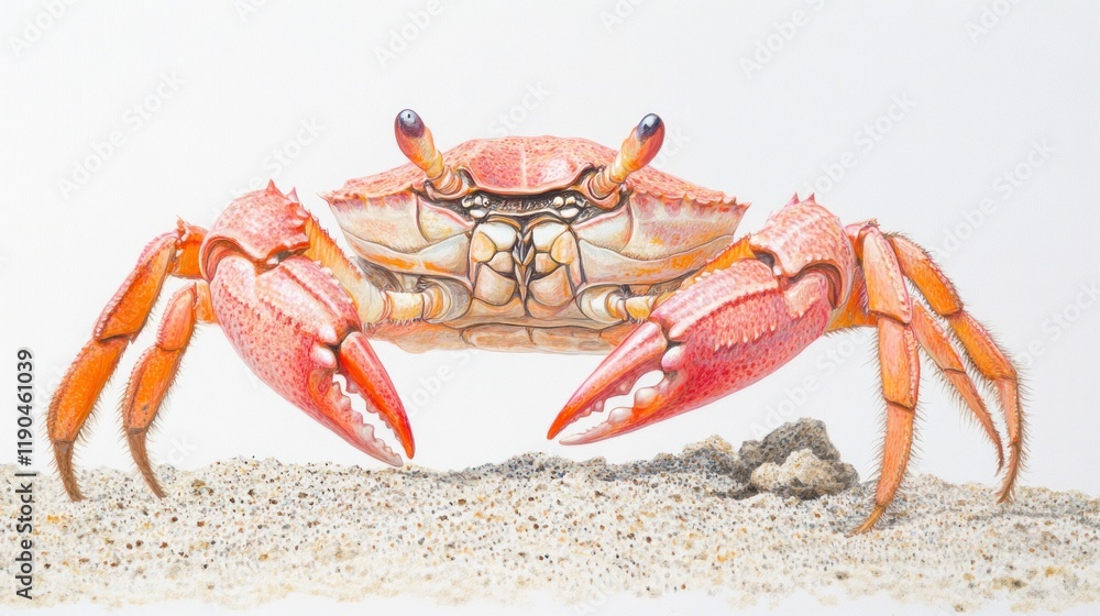 Detailed close-up of a vibrant orange crab on sand. Detailed close-up of a vibrant orange crab on sand.