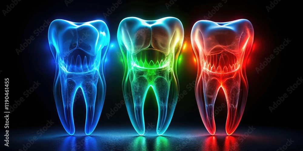 Naklejka premium Three teeth, dramatically lit by long exposure, showcase unique textures and forms in captivating dental imagery.