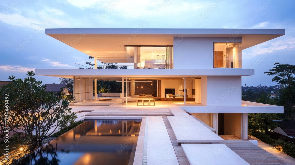 Fototapeta premium Night-lit minimalist home with white walls, pool, and spacious terrace.