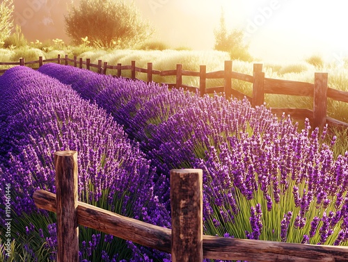 A field of lavender in full bloom surrounded by rustic wooden fences the sunlight creating a warm glow photo