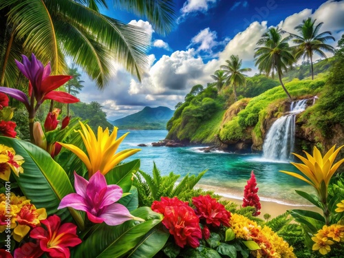 Tropical beach bliss:  Hawaiian luau landscape, exotic flora, island paradise.