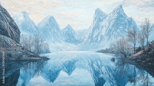 Majestic mountains reflect in tranquil waters under soft clouds at dawn in a serene landscape photo