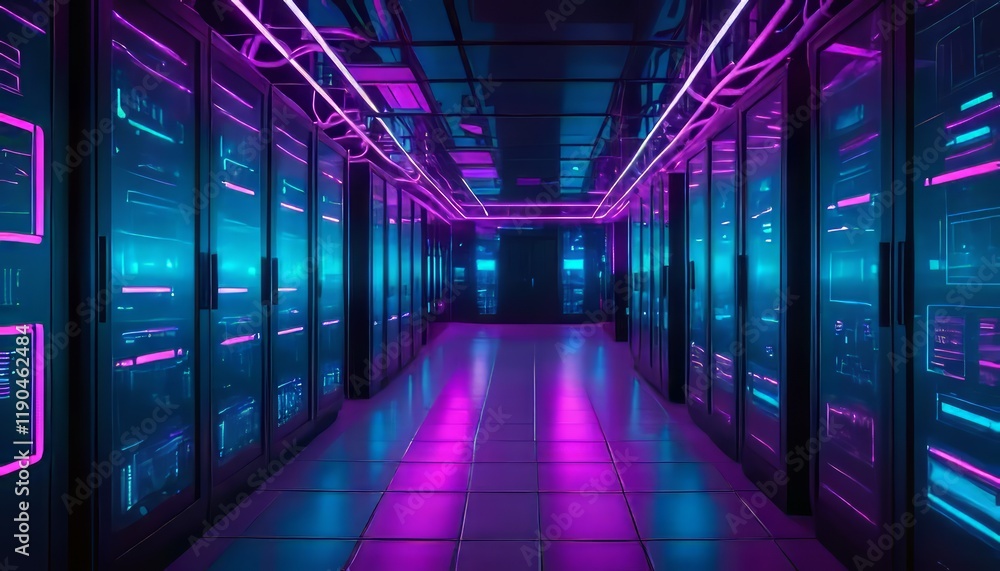 Futuristic Server Room with Neon Lighting and Digital Overlay Futuristic Server Room with Neon Lighting and Digital Overlay
