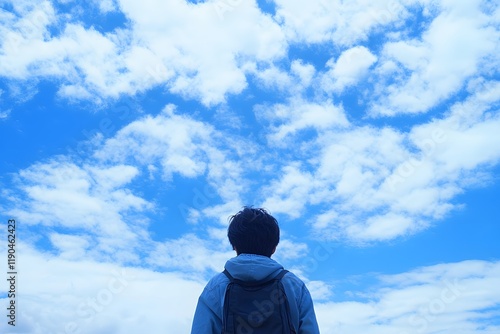 Person looking at blue sky with fluffy clouds